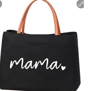 Mama Heart Graphic Canvas Tote Bag Black Tan Handles Magnetic Snap Pocket